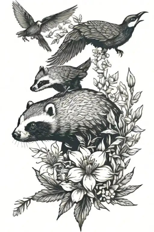 honey badger shrouded in fynbos with hummingbirds flying alongside tattoo design idea