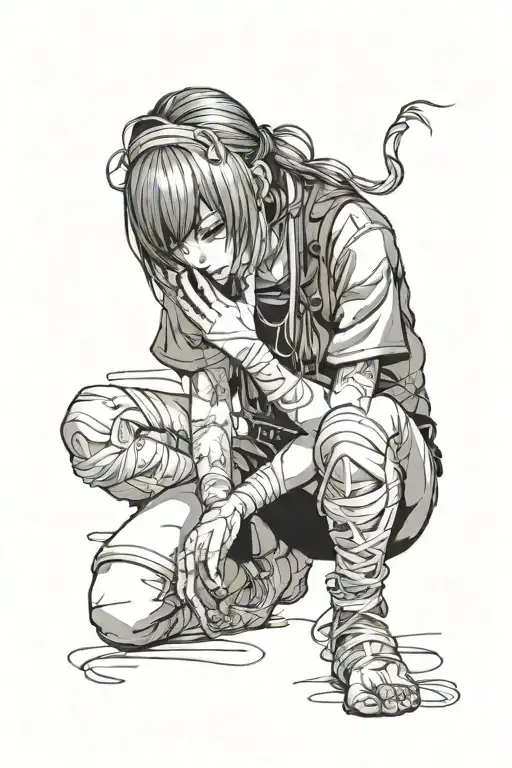 anime character girl on knees tied with bandage bdsm eyes covered by bandage on forehead tattoo of the month tattoo design idea