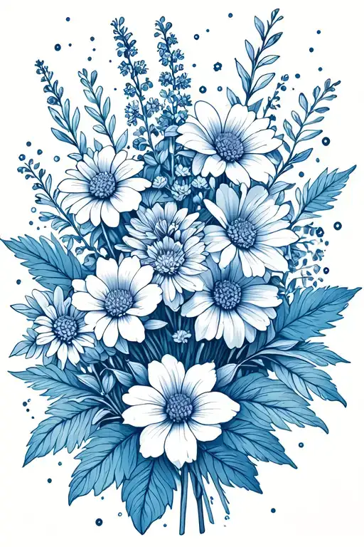 bouquet of asters, delphinium, water lilies and morning glory flowers, Leo and Virgo constellations tattoo design idea