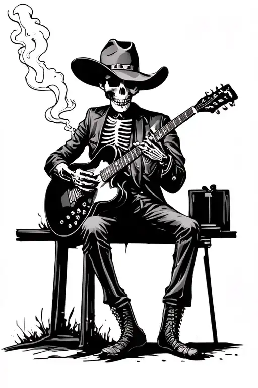 cowboy skeleton playing guitar smoking cigarette tattoo design idea
