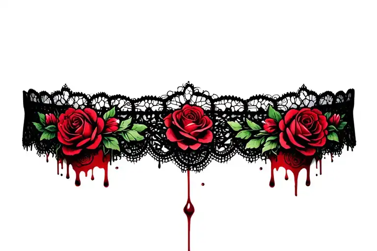 woman's lace choker dripping blood and adorned with roses and flowers  tattoo design idea