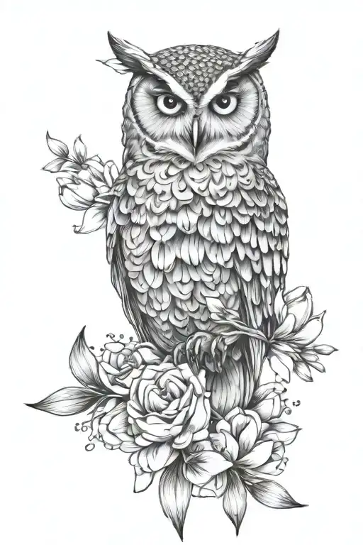 owl  with no geometric surrounded by cosmo flower and gladiolus flower tattoo design idea