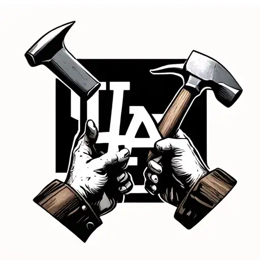 two hands holding a hammer and chisel carving out the LA symbol on my chest tattoo design idea