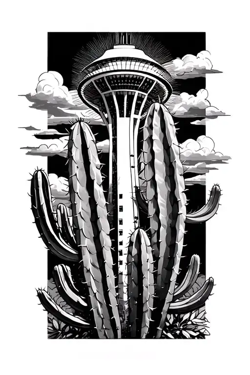 fine line drawing of half space needle half cactus tattoo design idea