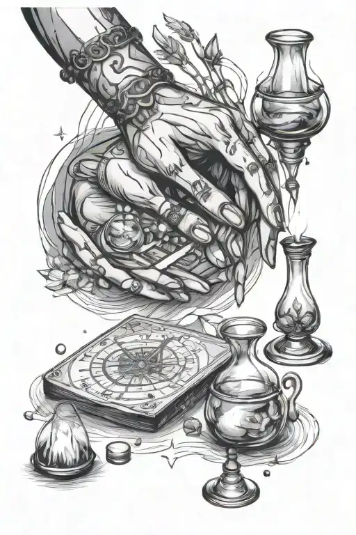 Create a sketch of a pair of hands over a tarot spread with crystals, candles and a potion bottle tattoo design idea