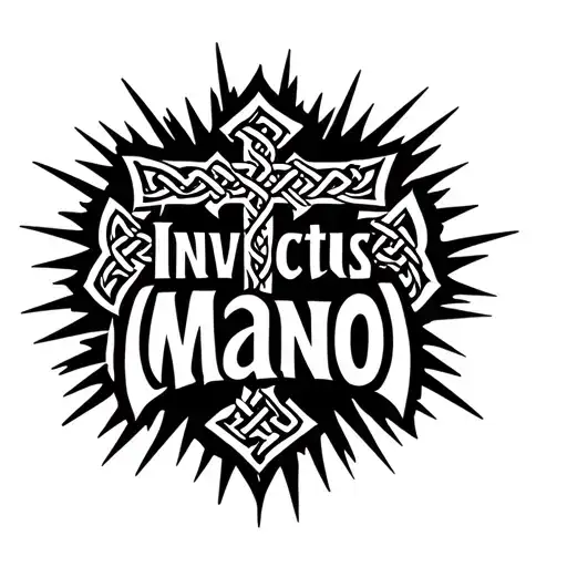 The words invictus maneo in cool spiky font with a Celtic cross in between the phrase tattoo design idea