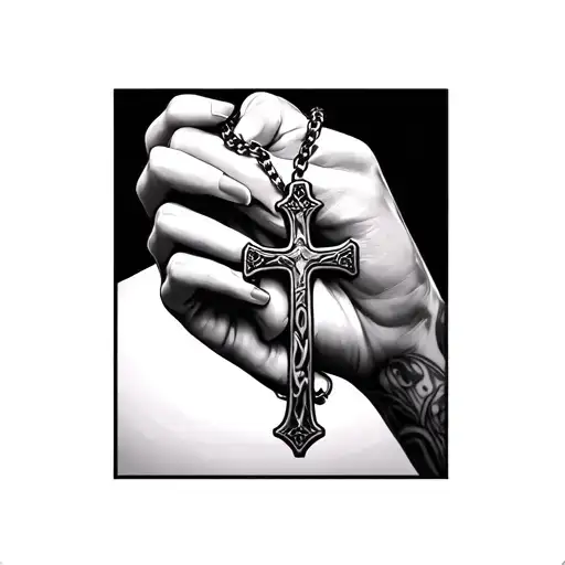 "601" hands holding cross necklace tattoo design idea