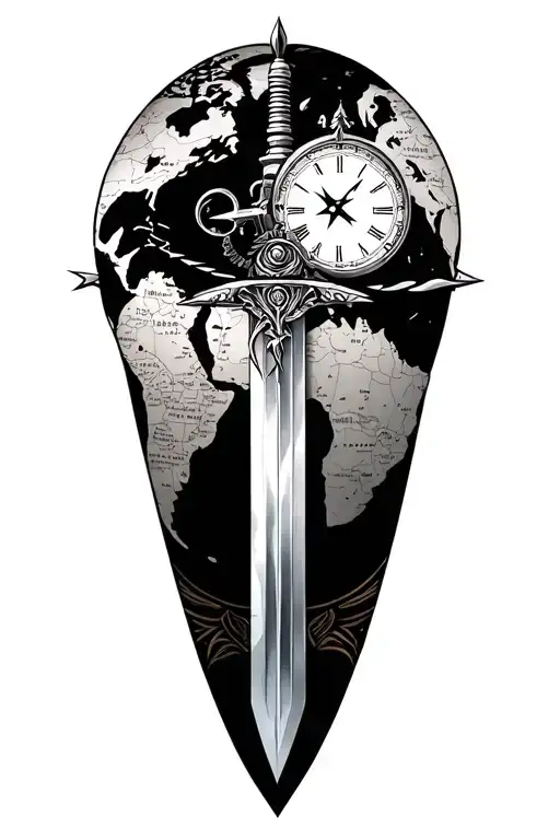 sword, world map, compass, clock tattoo design idea