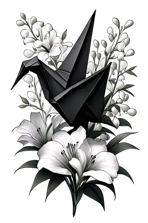 origami paper crane from the tv show prison break with lily of the valley, gladiolus and marigold flower tattoo design idea