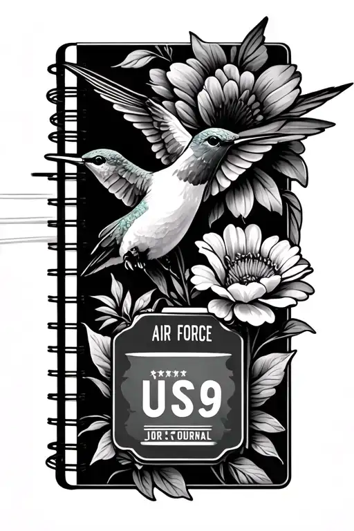 flowers with hummingbird flying carrying a US Air force tag a journal feminine classy strong  tattoo design idea