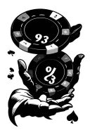 the number 93 as a poker chip as the joker throws it from his hand tattoo design idea