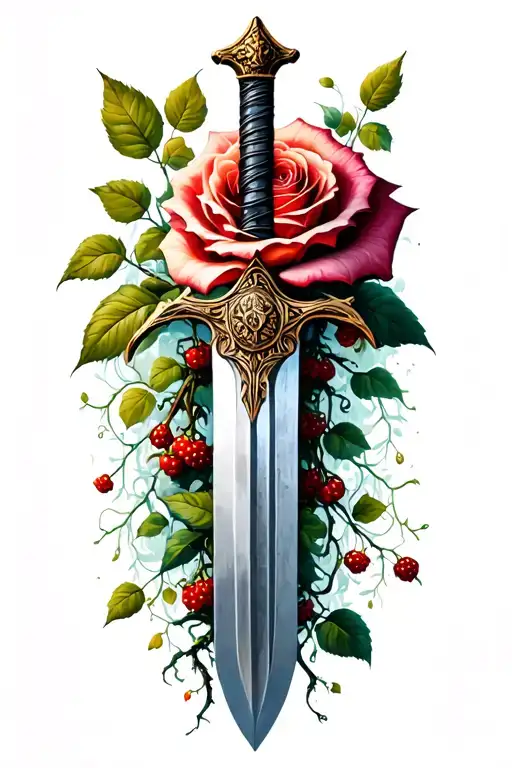 Sword planted in te skin, with brambles at the base which climb around the blade, hatching and a big rose at the top tattoo design idea
