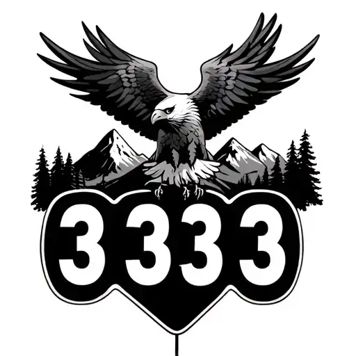 Eagle with 3 tail feathers (shaded/dyed tips), the number 333 on a route sign, and a mountain background  tattoo design idea