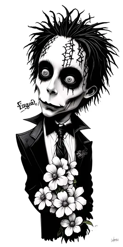 tim burton character, Edgar, Sparky, Edward Scissorhands, Mayor, Oogie Boogi, bugs, flowers, bettles tattoo design idea