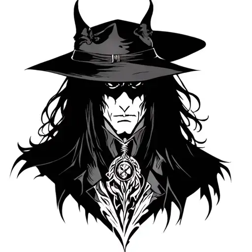 make a tattoo image that is inspired by Alucard from Hellsing anime, that has neotribal, goth, vampire style and it on l tattoo design idea