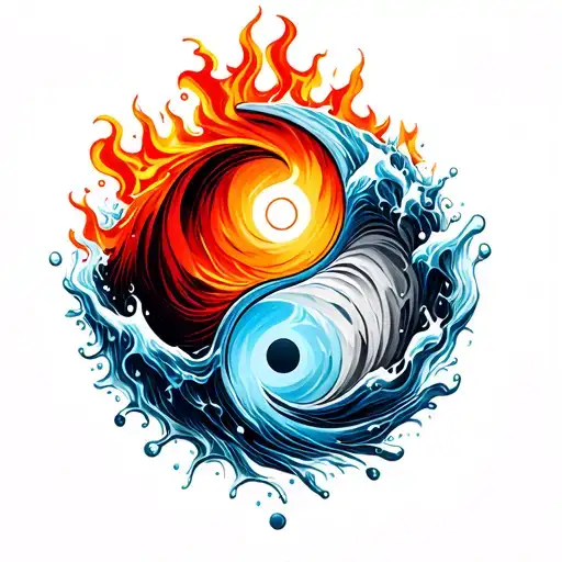 Design a Yin and Yang circle with four elements inside: water (blue waves), fire (red and orange flames), air (white flo tattoo design idea