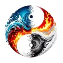 Design a Yin and Yang circle with four elements inside: water (blue waves), fire (red and orange flames), air (white flo tattoo design idea