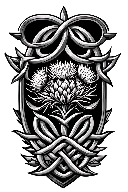 celtic shield knot with thistle intertwined tattoo design idea