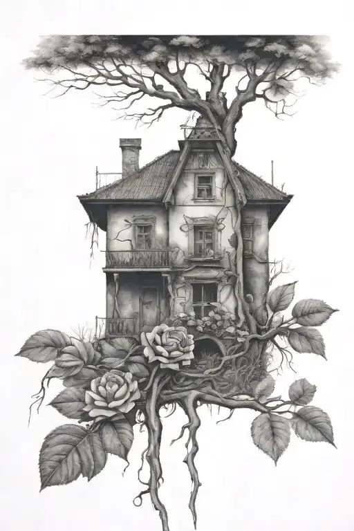Abandoned Stalin-era house, roses, tree roots tattoo design idea
