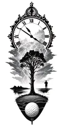lightining storm and time and nature and golf course tattoo design idea