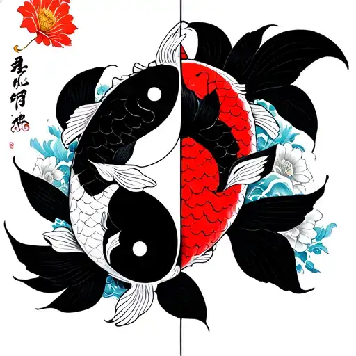 two koi fish yin yang with the name kayden vertical between them with Japanese art style waves and flowers  tattoo design idea