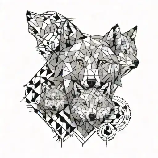 A geometric pattern incorporating images of animals and children, with a hidden wolf and cub motif tattoo design idea