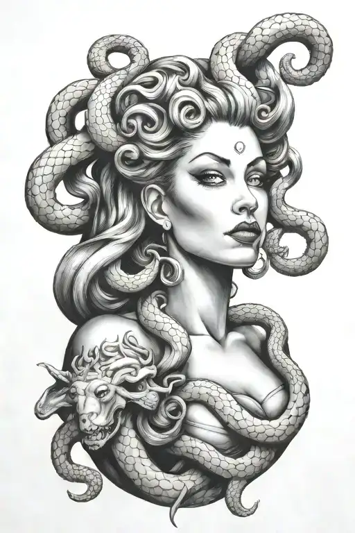 full body portrait of Medusa pin up  tattoo design idea