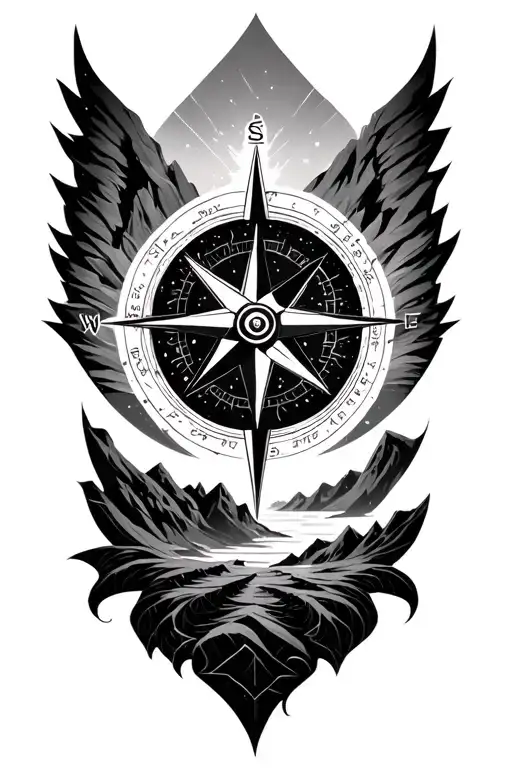 compass rose with intricate geometric mountains tattoo design idea