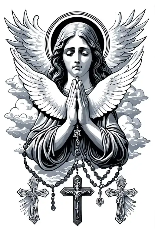 hands praying woth rosary with dove woth halo and clouds everywhere with three crosses at the bottom tattoo design idea