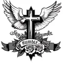 chest tattoo with a cross in the middle, roses across the bottom & a dove flying on each pectoral with stay humble text tattoo design idea