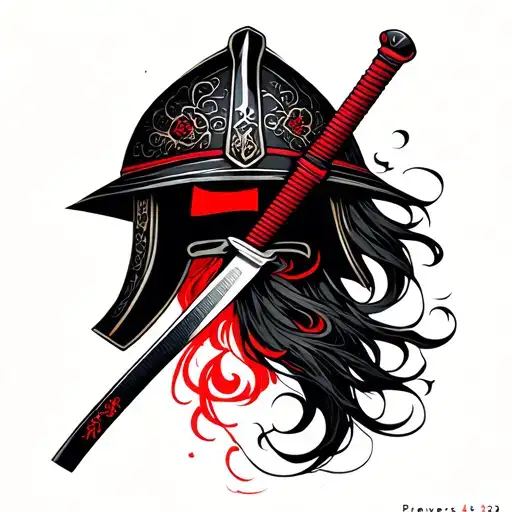 Minimalistic tattoo inspired by Proverbs 4:23, featuring a katana or samurai helmet with flowing patterns in black, red, tattoo design idea