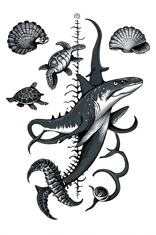  spine tattoo, with some shells, a ray, a turtle and a whale shark in a vertical line but all seperate but dainty  tattoo design idea
