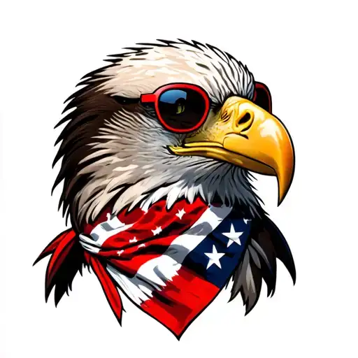 Bald Eagle wearing an American Flag bandana and red framed sunglasses with dark lenses. tattoo design idea
