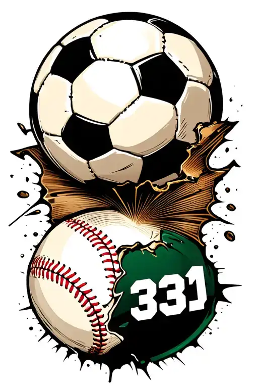 Soccer ball with #33 and Baseball with #31 ripping apart  tattoo design idea