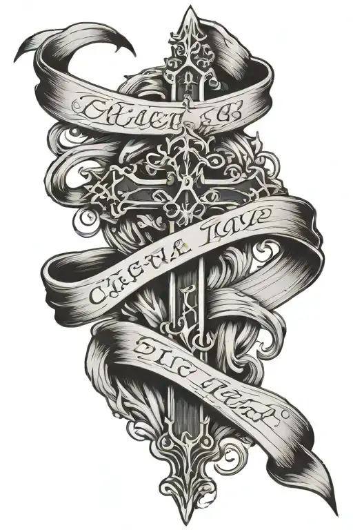cross with banner around it with a river tattoo design idea
