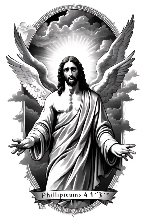 Jesus tattoos with phillippians 4;13 at the bottom with angels and clouds around tattoo design idea