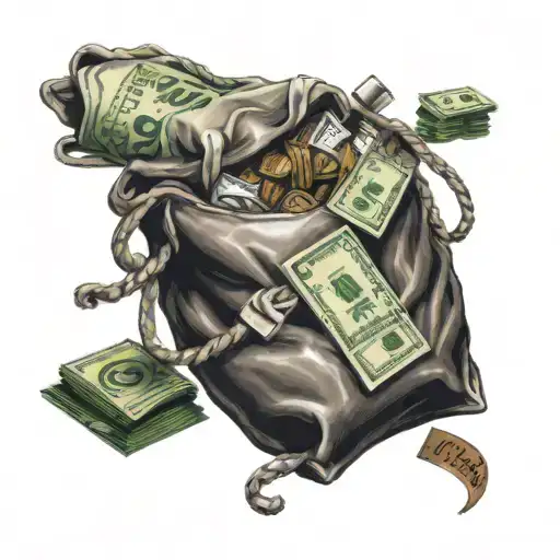 money bags with "I ain't gone til I'm rich " in cursive and a Lamborghini logo  tattoo design idea