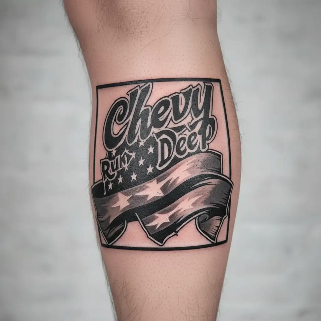 "Chevy Runs Deep" American flag intertwined within tattoo design idea