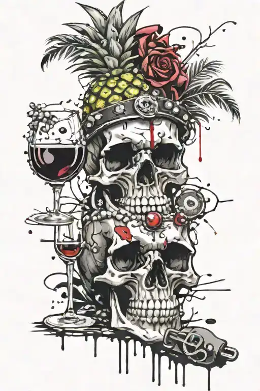 skull that has a wine glass and a stop sign and beads with handcuffs and pineapple tattoo design idea