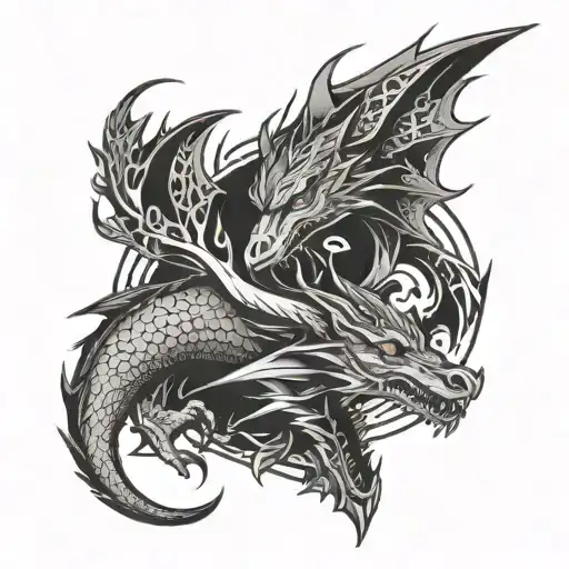 dragon and wolf surrounded tattoo design idea