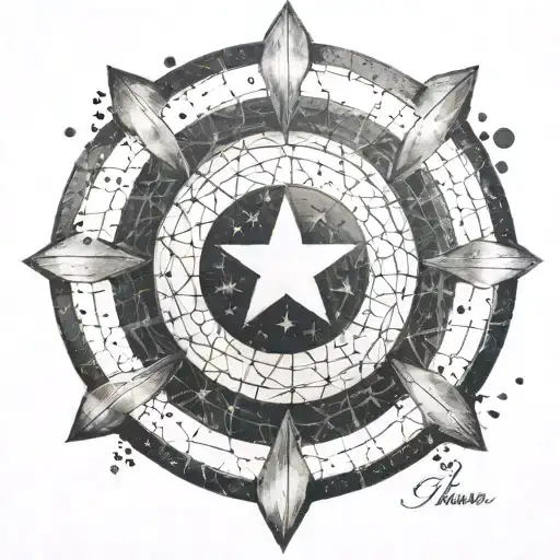 An abstract representation of strength and patriotism intertwined, featuring Captain America's shield as the central focus tattoo design idea