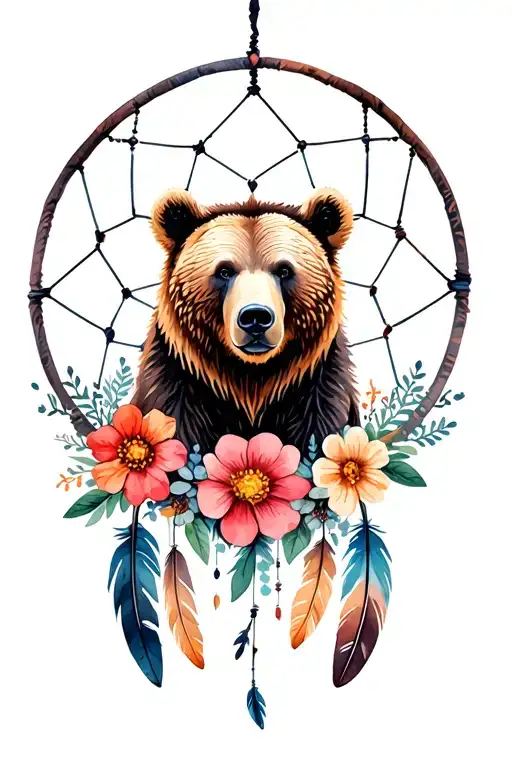grizzly bear in dream catcher with flowers and feathers  tattoo design idea