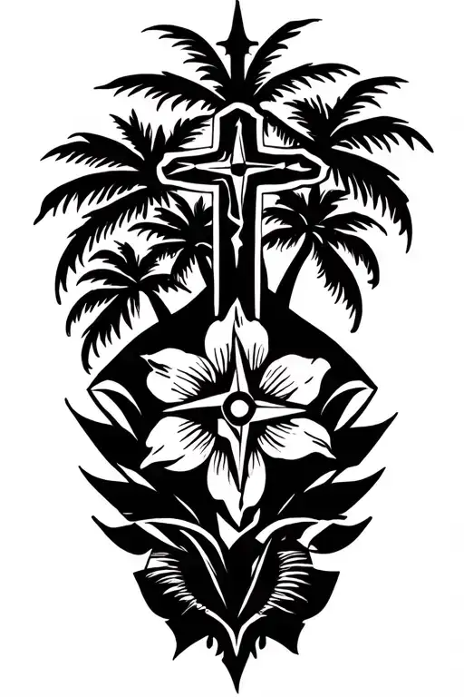 Puerto Rican tribal tattoo, Puerto Rican national flower, Christian cross, compass, military symbolism, palm trees tattoo design idea