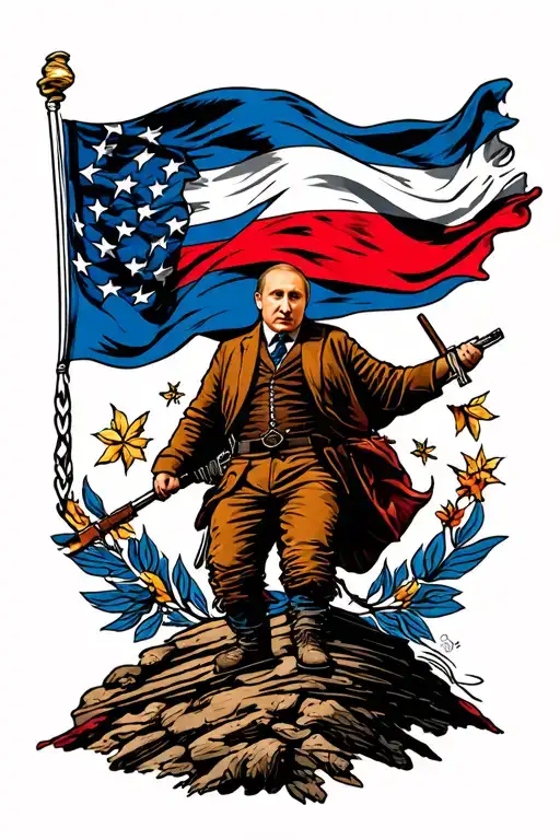 Putin with russian flag on highest place in the world and tramp cry tattoo design idea