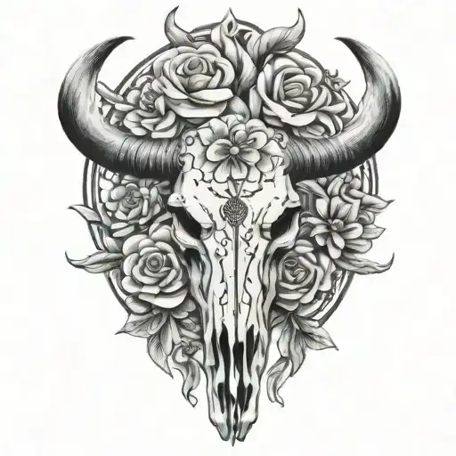 longhorn bull skull flowers intertwined tattoo design idea