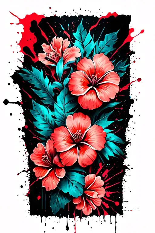 Tropical thigh sleeve tattoo for man colorful with 3 turquoise flowers and 3 coral flowers  tattoo design idea