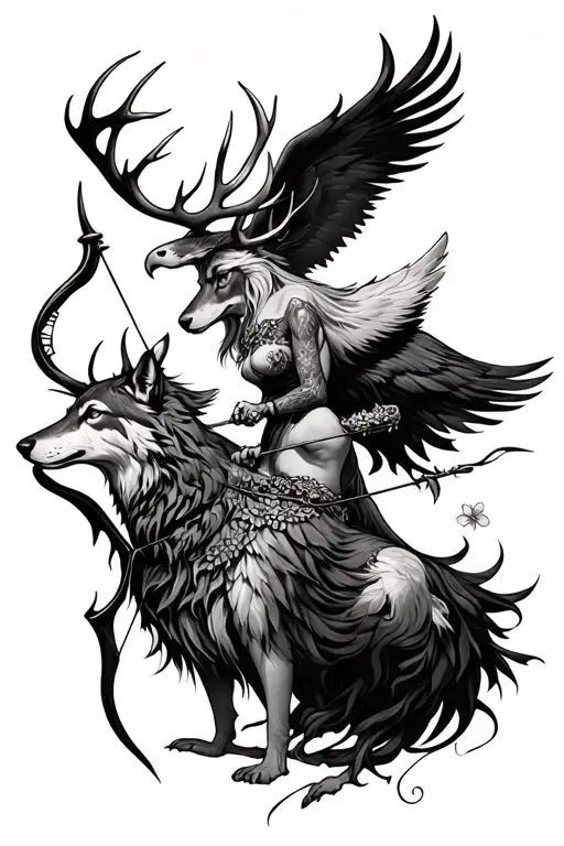 goddess holding bow and arrow wolf eagle stag tattoo design idea