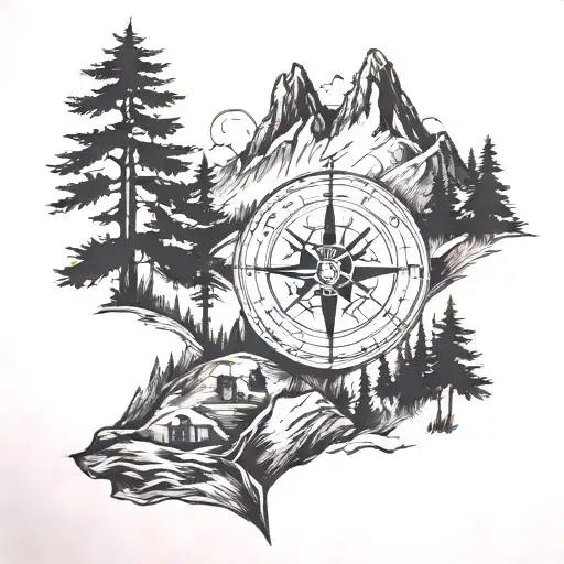 mountains, trees, compass, family, elk   tattoo design idea