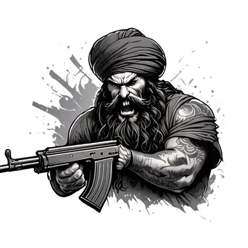 sikh angry warrior with ak47 tattoo design idea