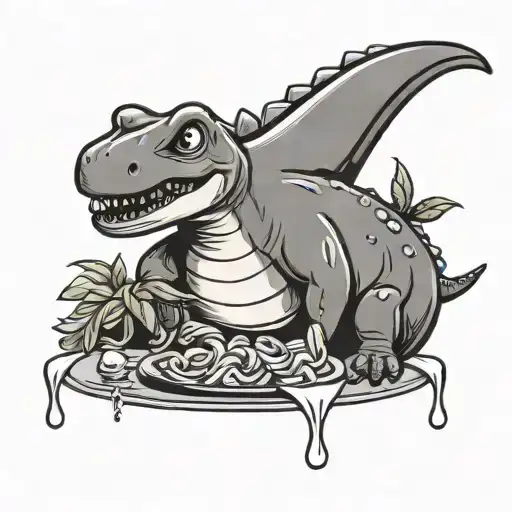 a cute brachiosaurus cartoon eating pasta tattoo design idea